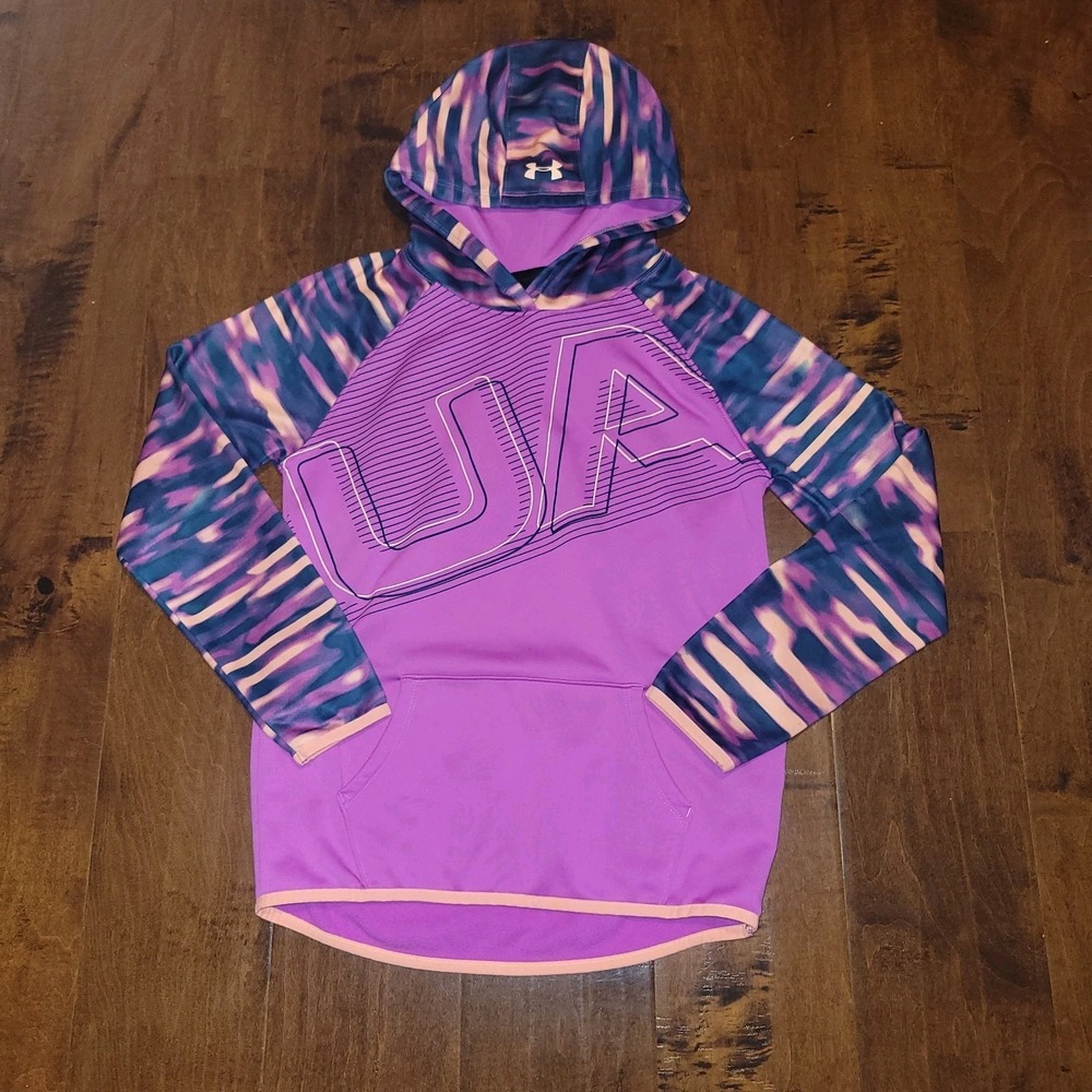 Under Armour Pullover Hoodie Sweatshirt Purple Multi Coldgear Girls Youth Large - Picture 2 of 6